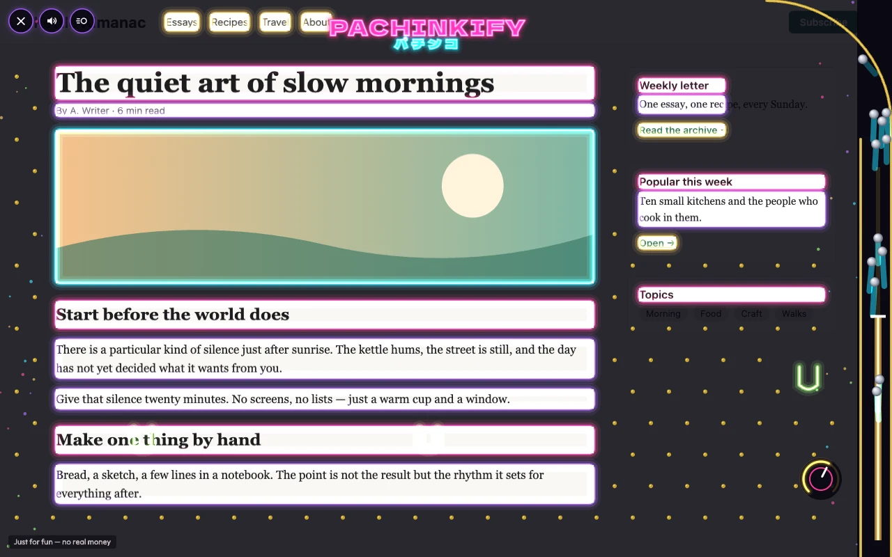 The extension on a made-up page: every element lit up as a neon tube.